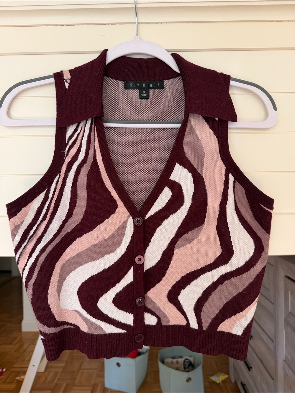 Say What? Burgundy and Pink Swirl V-Neck Knit Vest